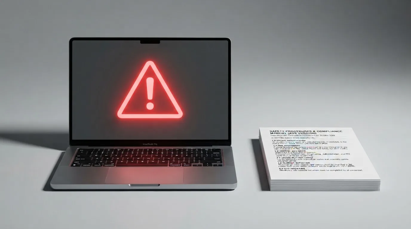 A red triangular warning sign icon on a laptop screen next to a stack of legal papers, symbolising an official caution rather than any specific website.