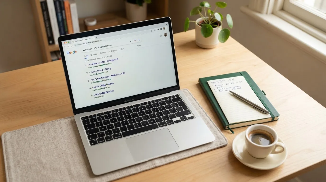 A tidy desk with a laptop open on a plain search-results page, a notebook and a coffee cup beside it, no screens showing any casino branding.