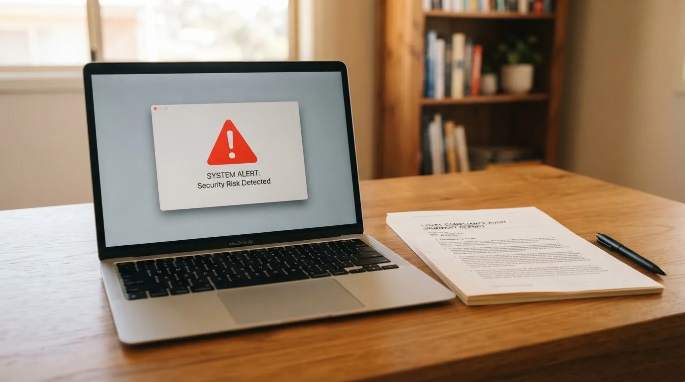A red triangular warning sign icon on a laptop screen next to a stack of legal papers, symbolising an official caution rather than any specific website.