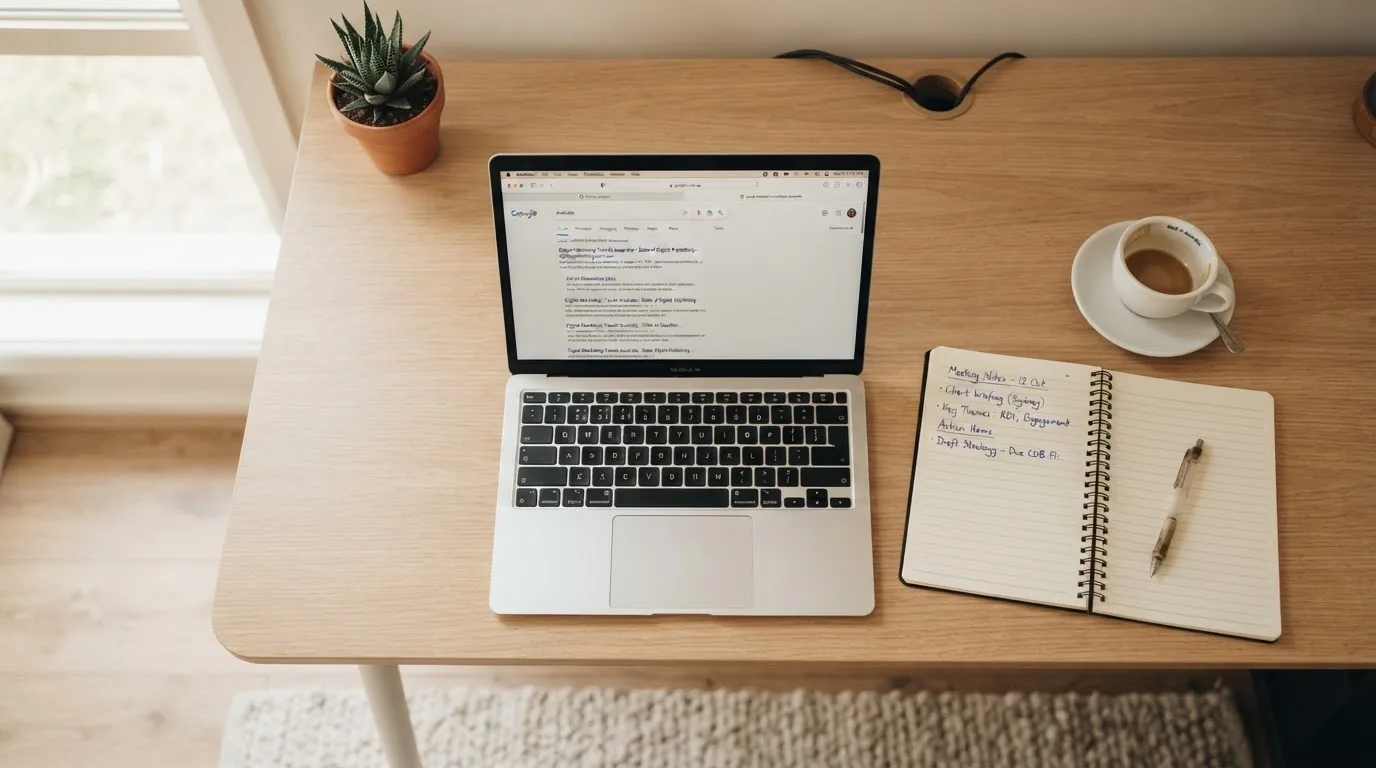A tidy desk with a laptop open on a plain search-results page, a notebook and a coffee cup beside it, no screens showing any casino branding.