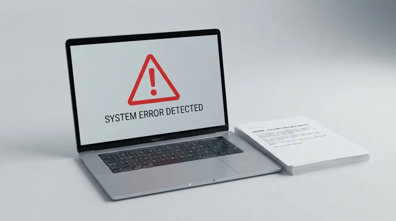 A red triangular warning sign icon on a laptop screen next to a stack of legal papers, symbolising an official caution rather than any specific website.