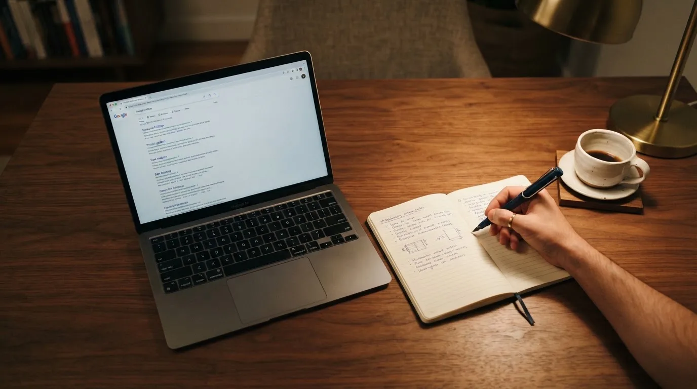 A tidy desk with a laptop open on a plain search-results page, a notebook and a coffee cup beside it, no screens showing any casino branding.