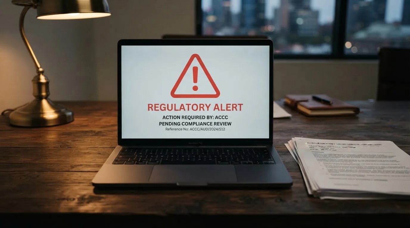 A red triangular warning sign icon on a laptop screen next to a stack of legal papers, symbolising an official caution rather than any specific website.