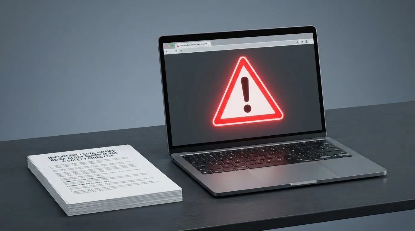 A red triangular warning sign icon on a laptop screen next to a stack of legal papers, symbolising an official caution rather than any specific website.