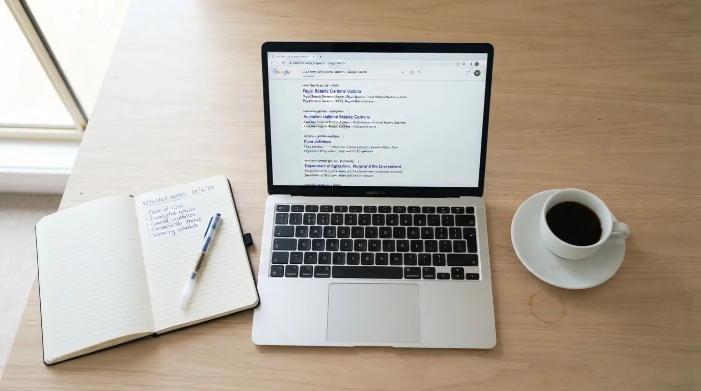 A tidy desk with a laptop open on a plain search-results page, a notebook and a coffee cup beside it, no screens showing any casino branding.