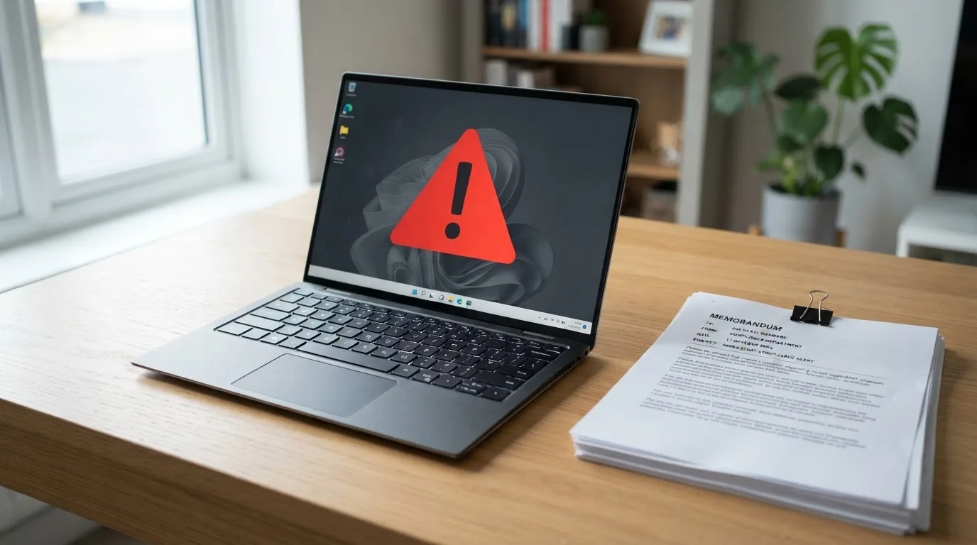 A red triangular warning sign icon on a laptop screen next to a stack of legal papers, symbolising an official caution rather than any specific website.