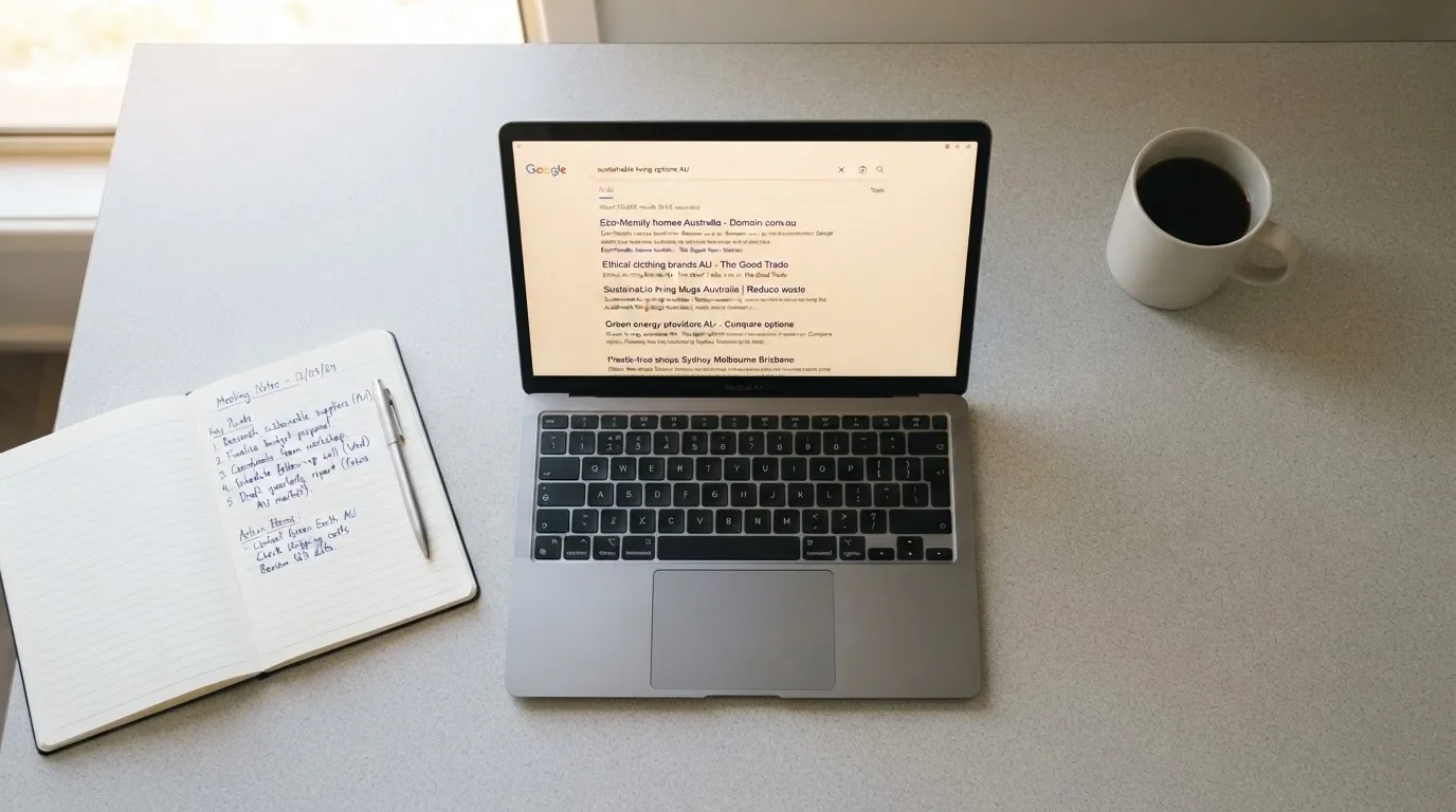 A tidy desk with a laptop open on a plain search-results page, a notebook and a coffee cup beside it, no screens showing any casino branding.