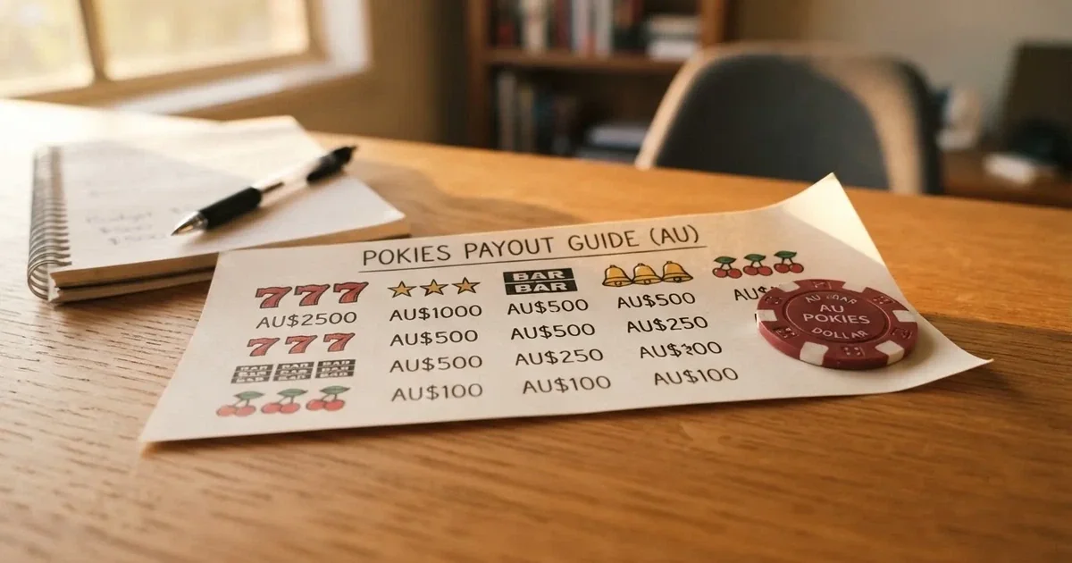 A printed strip of generic slot symbols and payout numbers laid on a desk, like a reference chart rather than a live game.