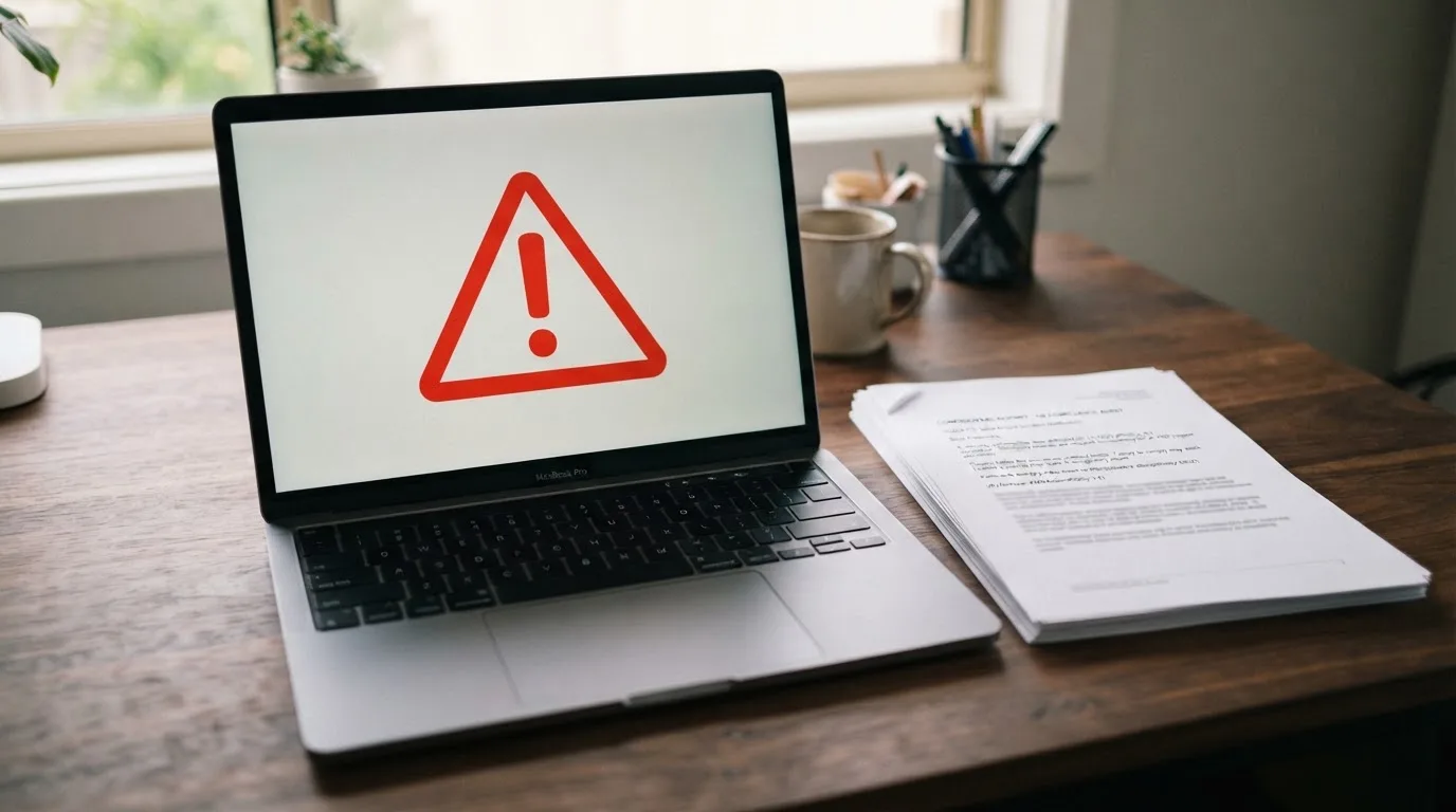 A red triangular warning sign icon on a laptop screen next to a stack of legal papers, symbolising an official caution rather than any specific website.