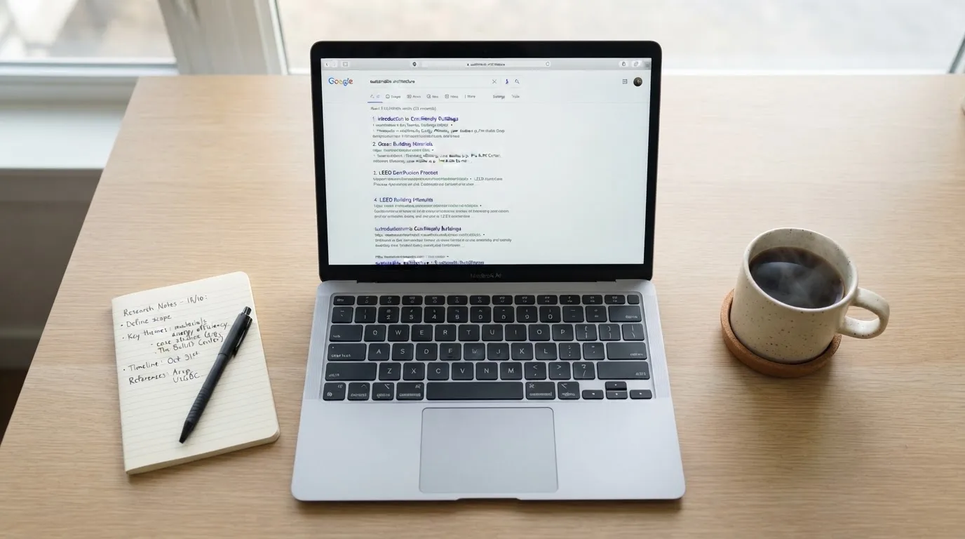A tidy desk with a laptop open on a plain search-results page, a notebook and a coffee cup beside it, no screens showing any casino branding.