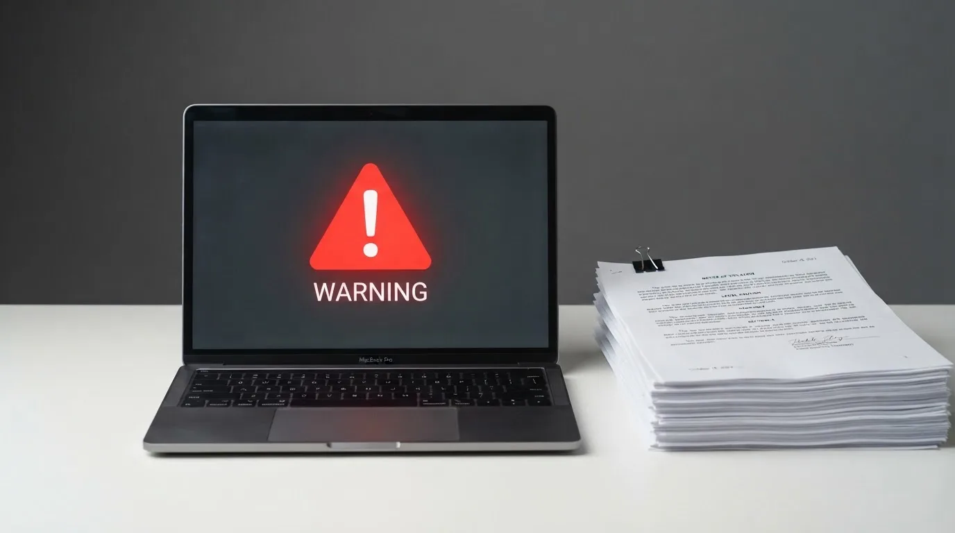 A red triangular warning sign icon on a laptop screen next to a stack of legal papers, symbolising an official caution rather than any specific website.