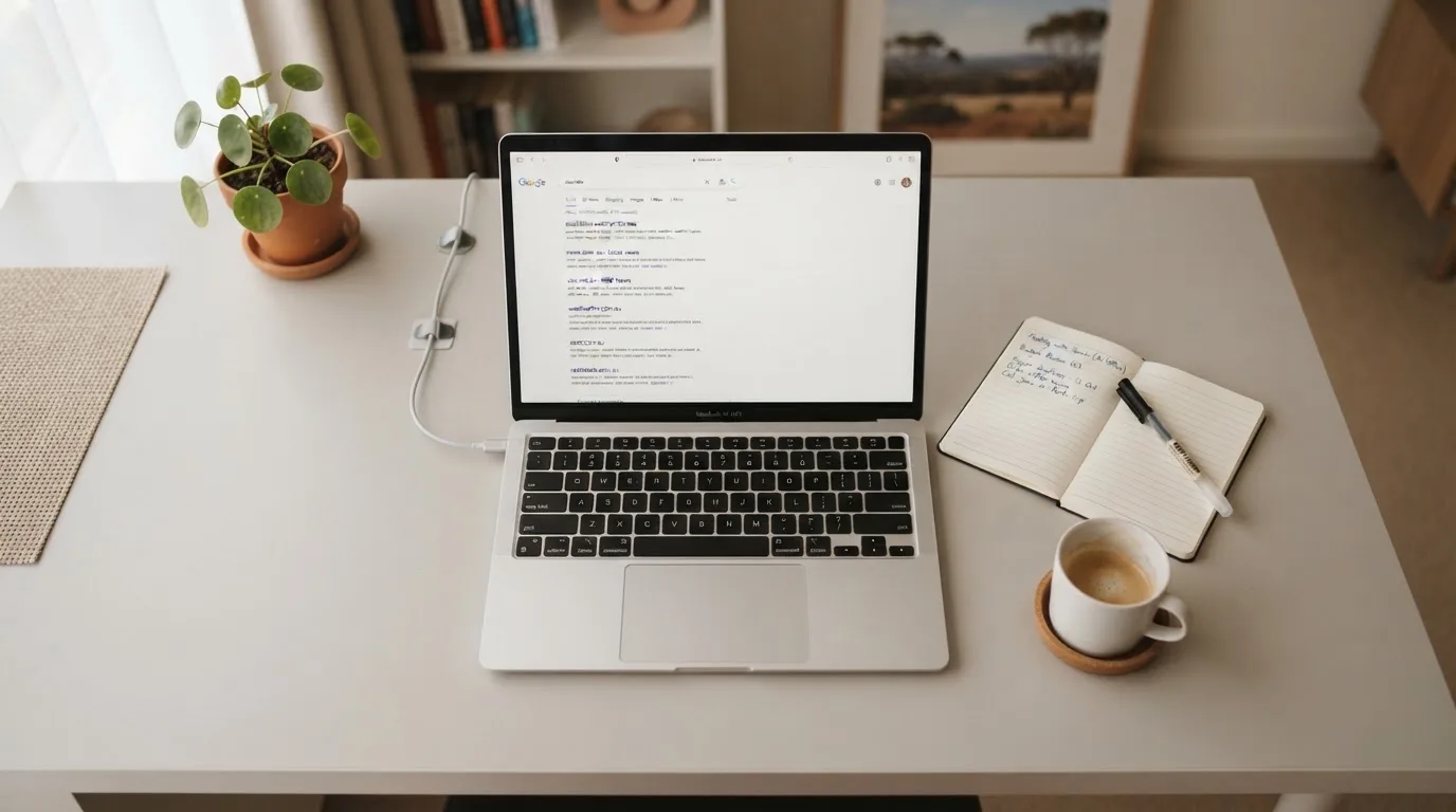 A tidy desk with a laptop open on a plain search-results page, a notebook and a coffee cup beside it, no screens showing any casino branding.