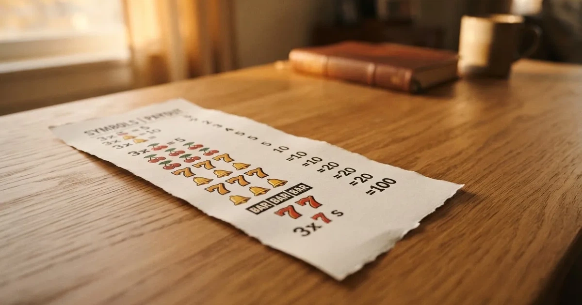A printed strip of generic slot symbols and payout numbers laid on a desk, like a reference chart rather than a live game.