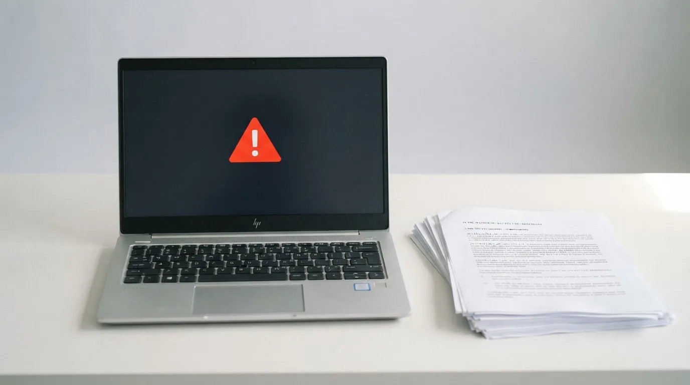A red triangular warning sign icon on a laptop screen next to a stack of legal papers, symbolising an official caution rather than any specific website.