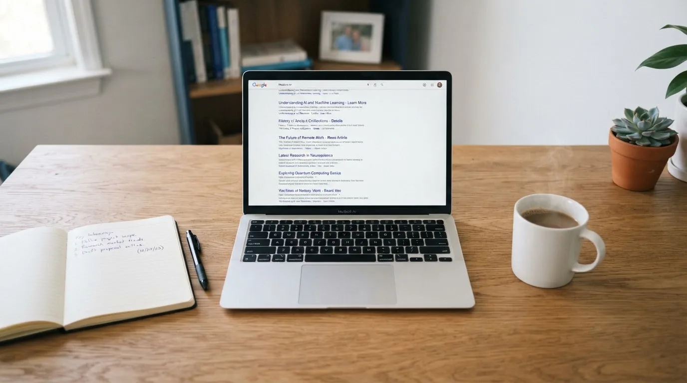 A tidy desk with a laptop open on a plain search-results page, a notebook and a coffee cup beside it, no screens showing any casino branding.