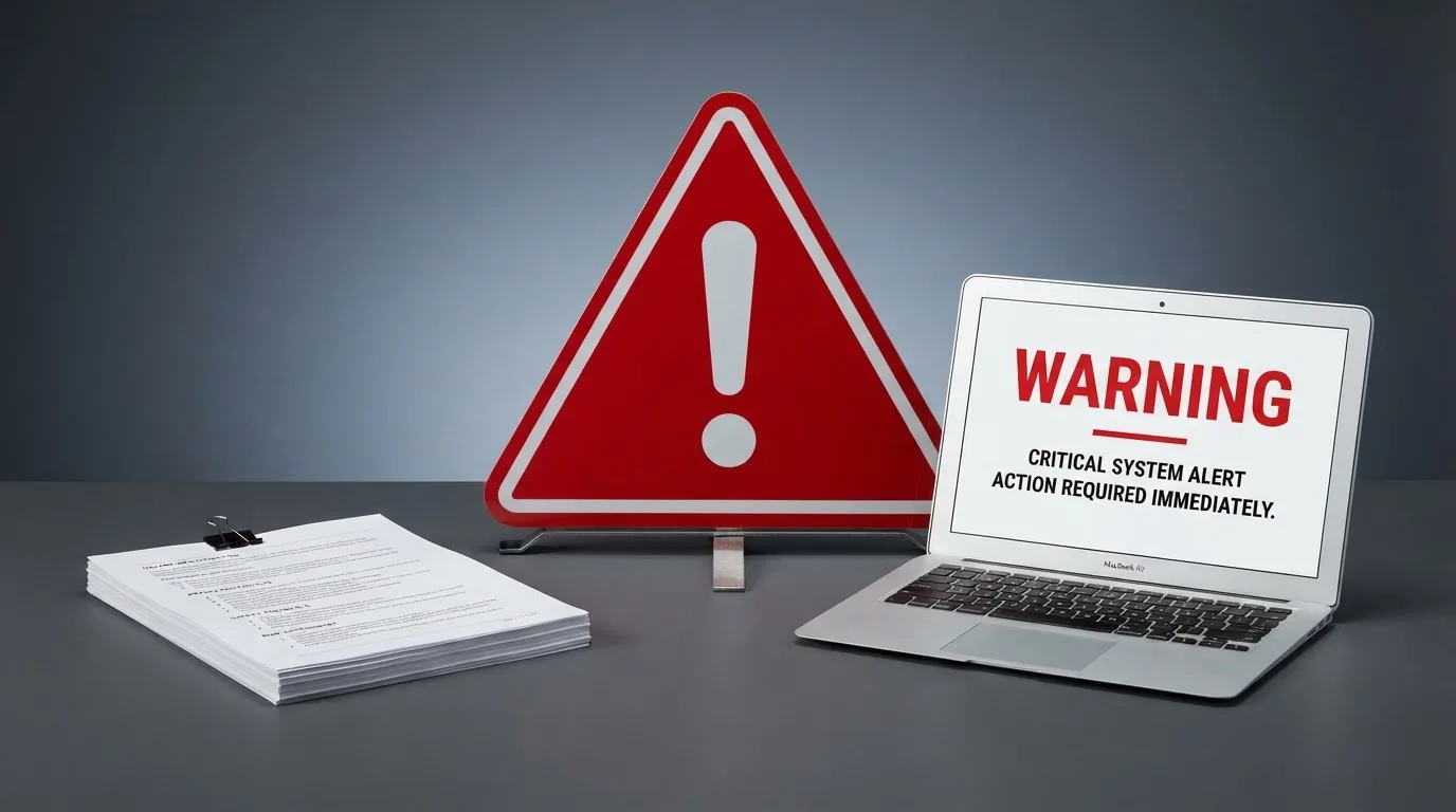 A red triangular warning sign icon on a laptop screen next to a stack of legal papers, symbolising an official caution rather than any specific website.