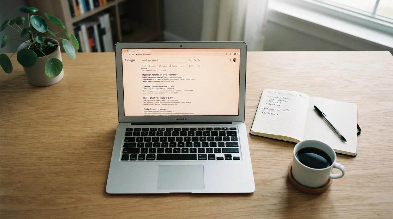 A tidy desk with a laptop open on a plain search-results page, a notebook and a coffee cup beside it, no screens showing any casino branding.