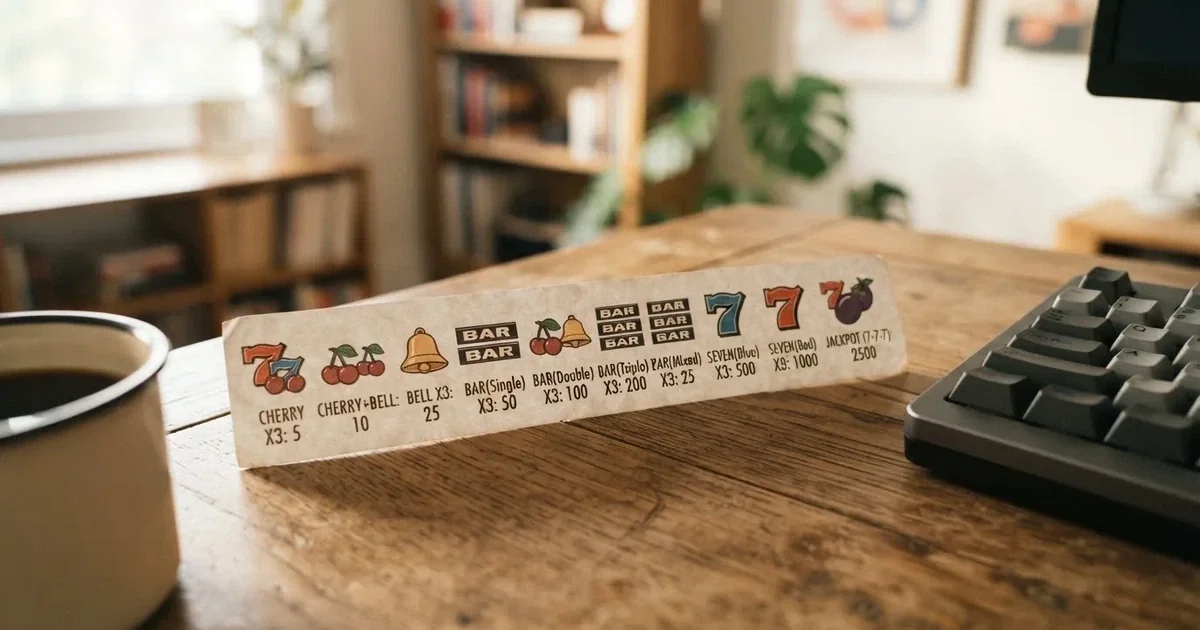 A printed strip of generic slot symbols and payout numbers laid on a desk, like a reference chart rather than a live game.