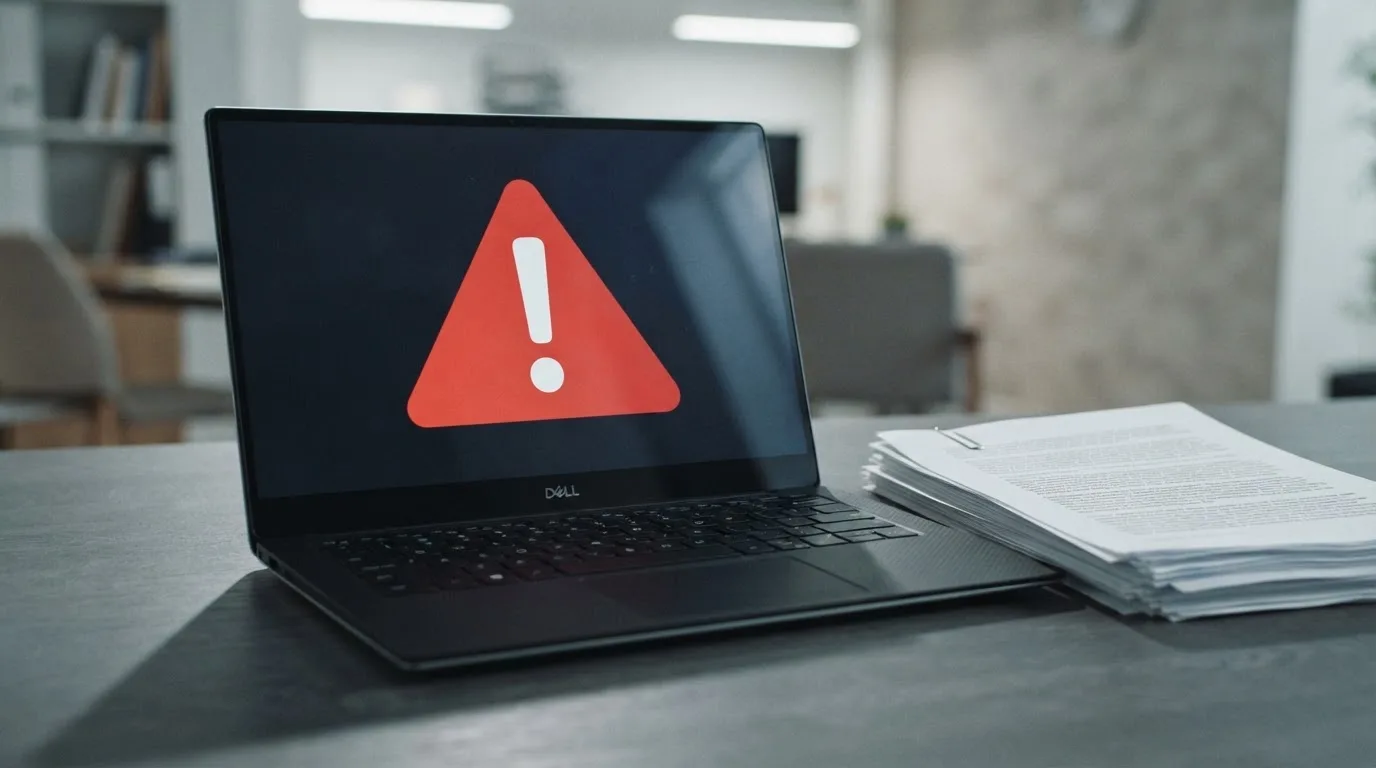 A red triangular warning sign icon on a laptop screen next to a stack of legal papers, symbolising an official caution rather than any specific website.