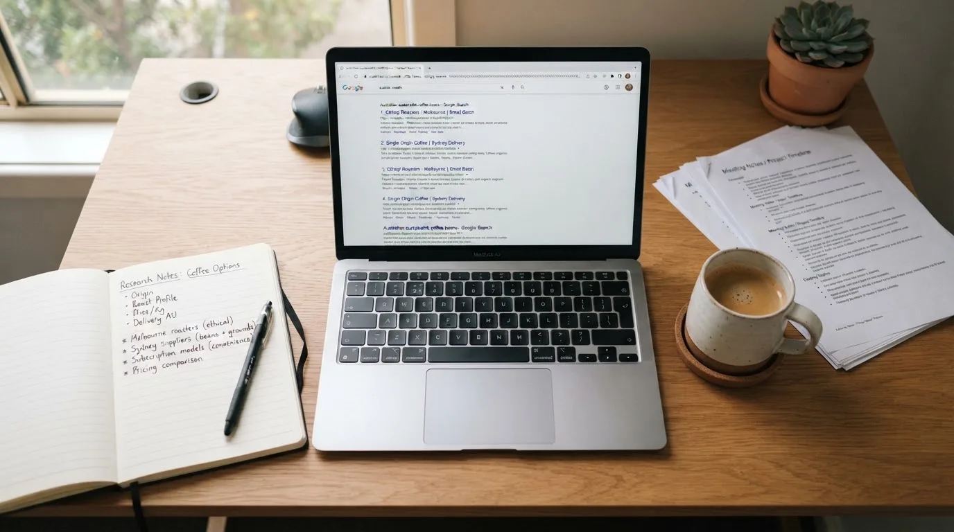 A tidy desk with a laptop open on a plain search-results page, a notebook and a coffee cup beside it, no screens showing any casino branding.