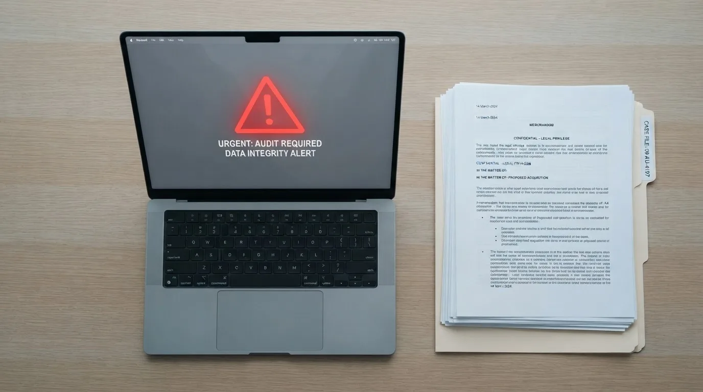 A red triangular warning sign icon on a laptop screen next to a stack of legal papers, symbolising an official caution rather than any specific website.