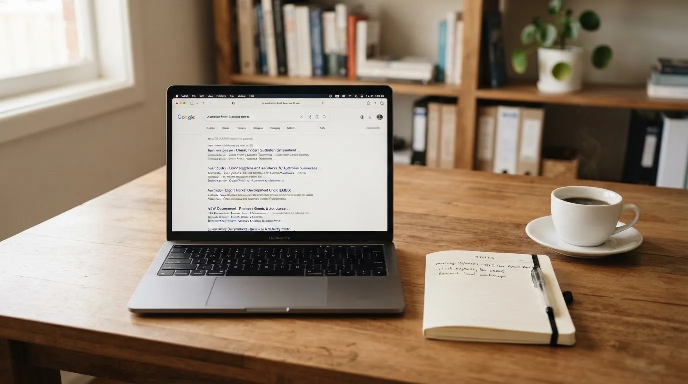 A tidy desk with a laptop open on a plain search-results page, a notebook and a coffee cup beside it, no screens showing any casino branding.
