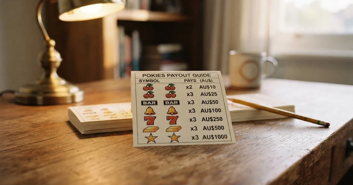 A printed strip of generic slot symbols and payout numbers laid on a desk, like a reference chart rather than a live game.