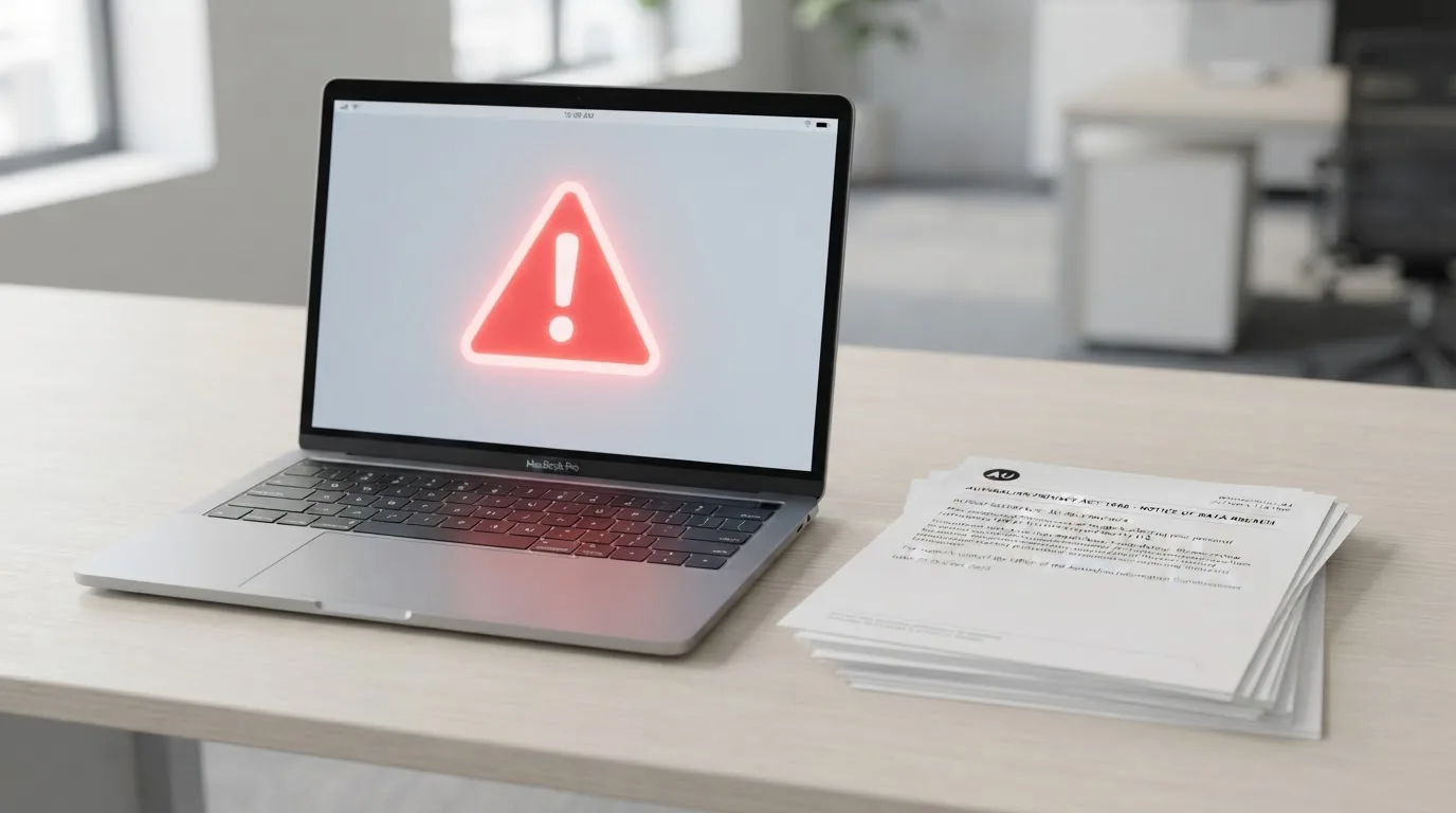A red triangular warning sign icon on a laptop screen next to a stack of legal papers, symbolising an official caution rather than any specific website.