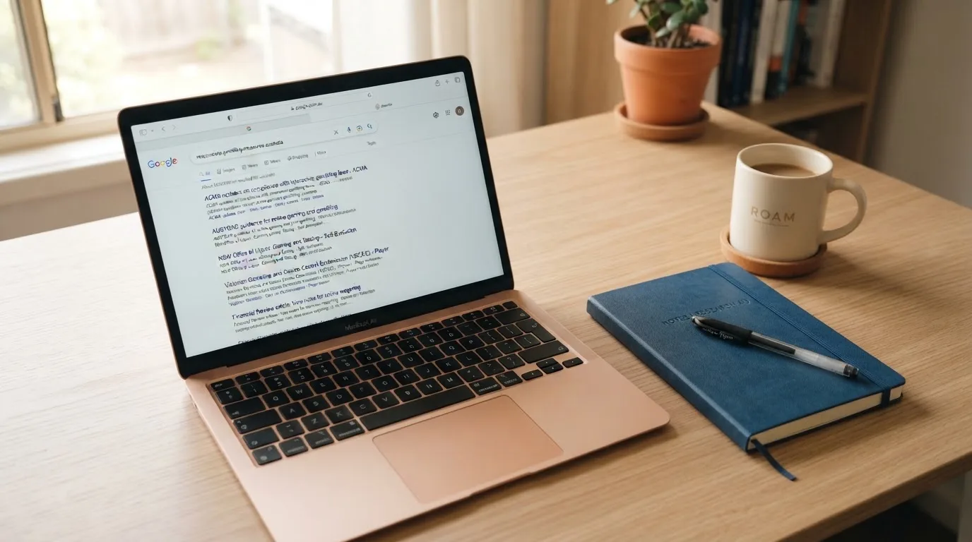 A tidy desk with a laptop open on a plain search-results page, a notebook and a coffee cup beside it, no screens showing any casino branding.