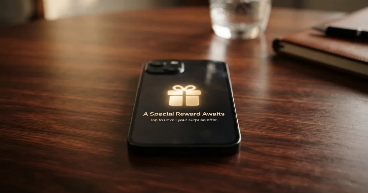 A gift box icon glowing on a phone screen, held at arm's length, suggesting an unopened offer rather than an active game.