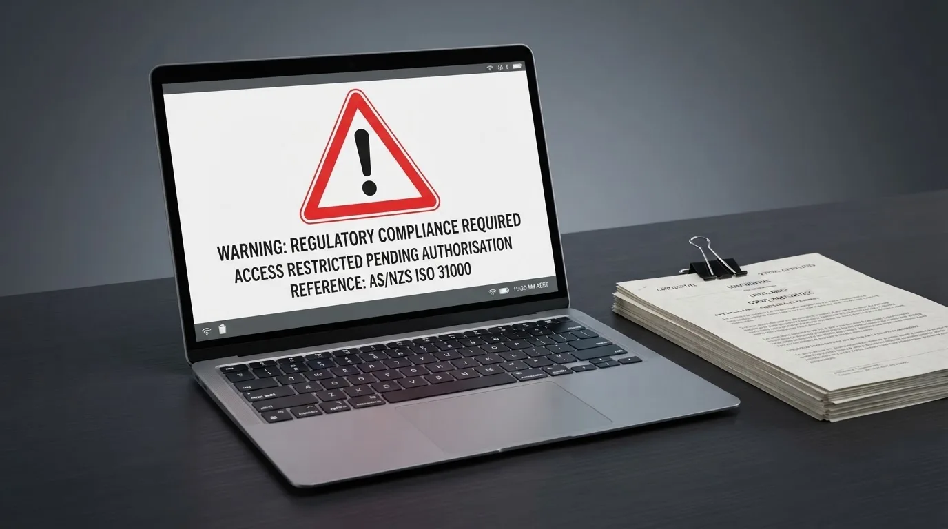 A red triangular warning sign icon on a laptop screen next to a stack of legal papers, symbolising an official caution rather than any specific website.