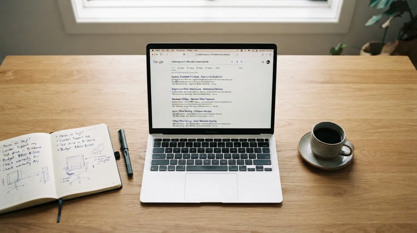 A tidy desk with a laptop open on a plain search-results page, a notebook and a coffee cup beside it, no screens showing any casino branding.