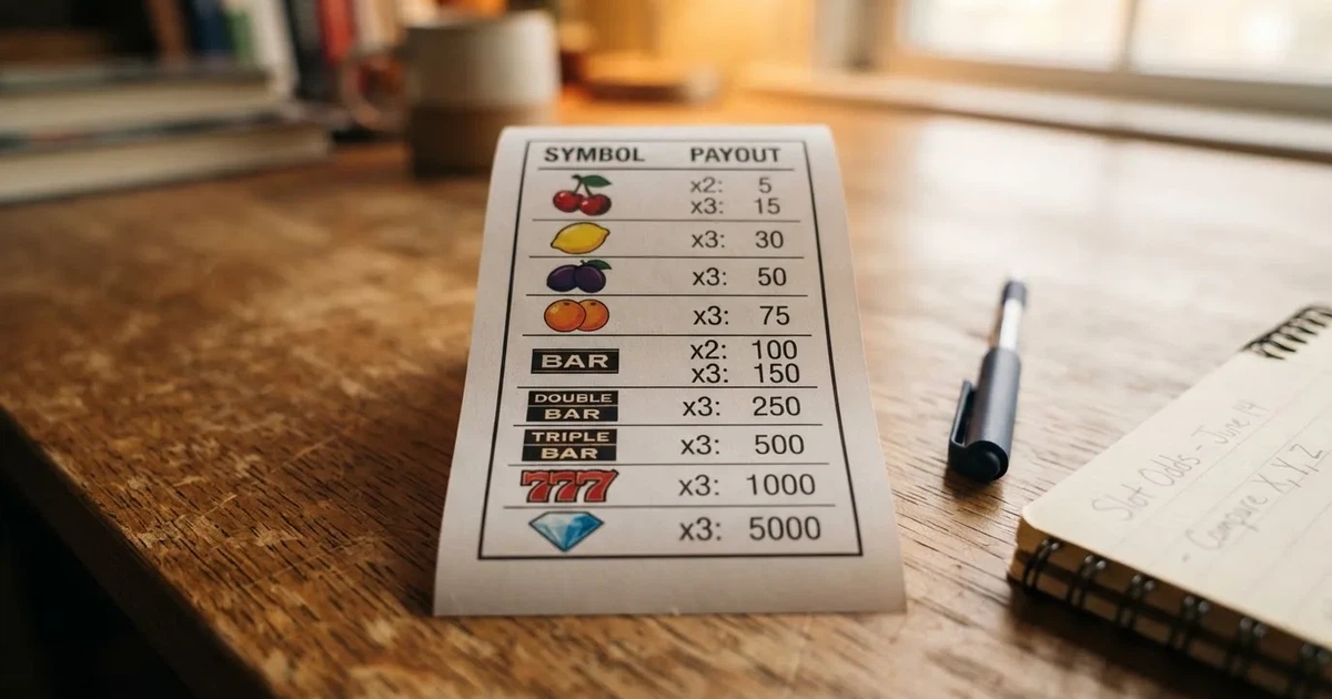 A printed strip of generic slot symbols and payout numbers laid on a desk, like a reference chart rather than a live game.