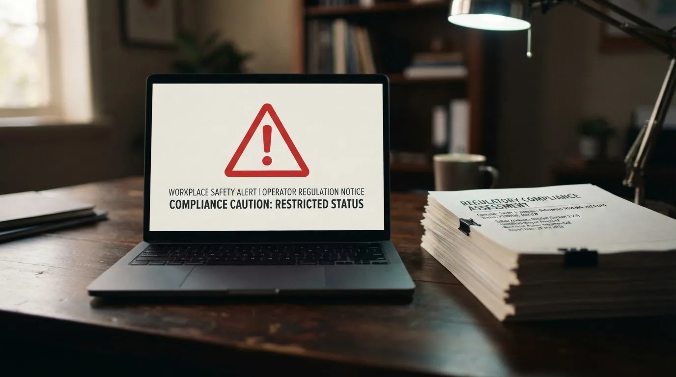 A red triangular warning sign icon on a laptop screen next to a stack of legal papers, symbolising an official caution rather than any specific website.