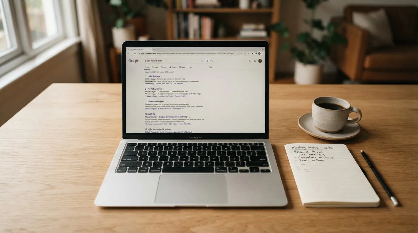 A tidy desk with a laptop open on a plain search-results page, a notebook and a coffee cup beside it, no screens showing any casino branding.