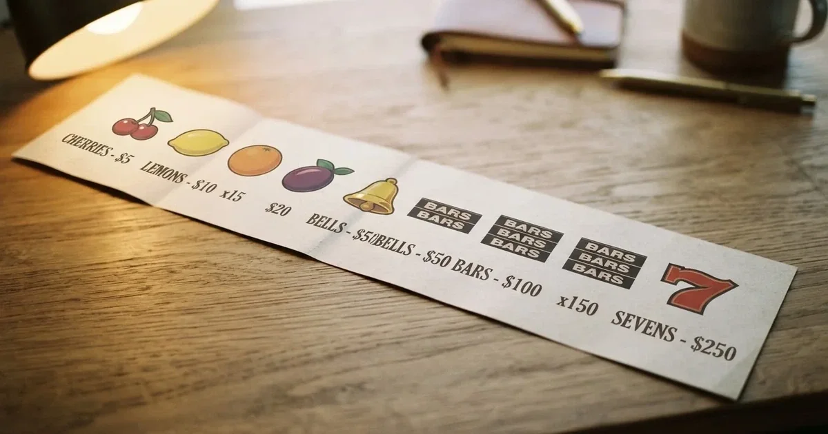 A printed strip of generic slot symbols and payout numbers laid on a desk, like a reference chart rather than a live game.