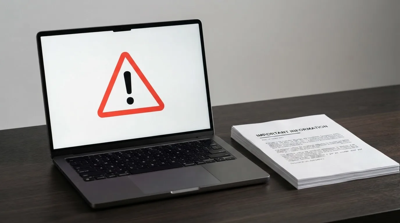A red triangular warning sign icon on a laptop screen next to a stack of legal papers, symbolising an official caution rather than any specific website.