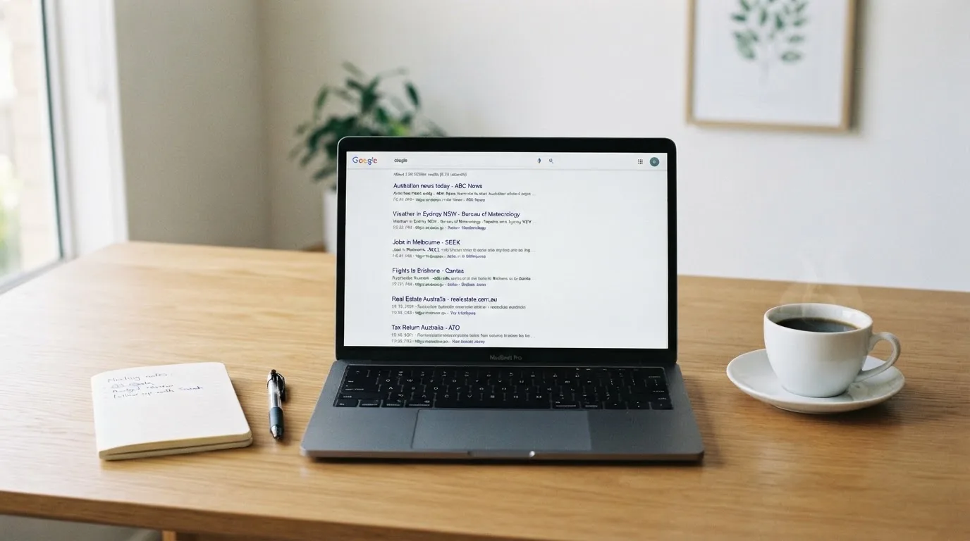A tidy desk with a laptop open on a plain search-results page, a notebook and a coffee cup beside it, no screens showing any casino branding.
