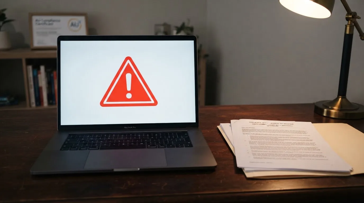 A red triangular warning sign icon on a laptop screen next to a stack of legal papers, symbolising an official caution rather than any specific website.