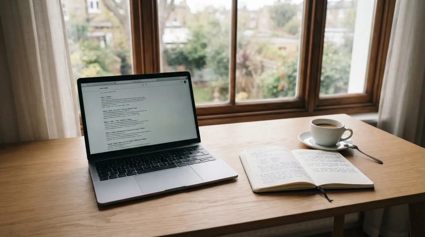 A tidy desk with a laptop open on a plain search-results page, a notebook and a coffee cup beside it, no screens showing any casino branding.