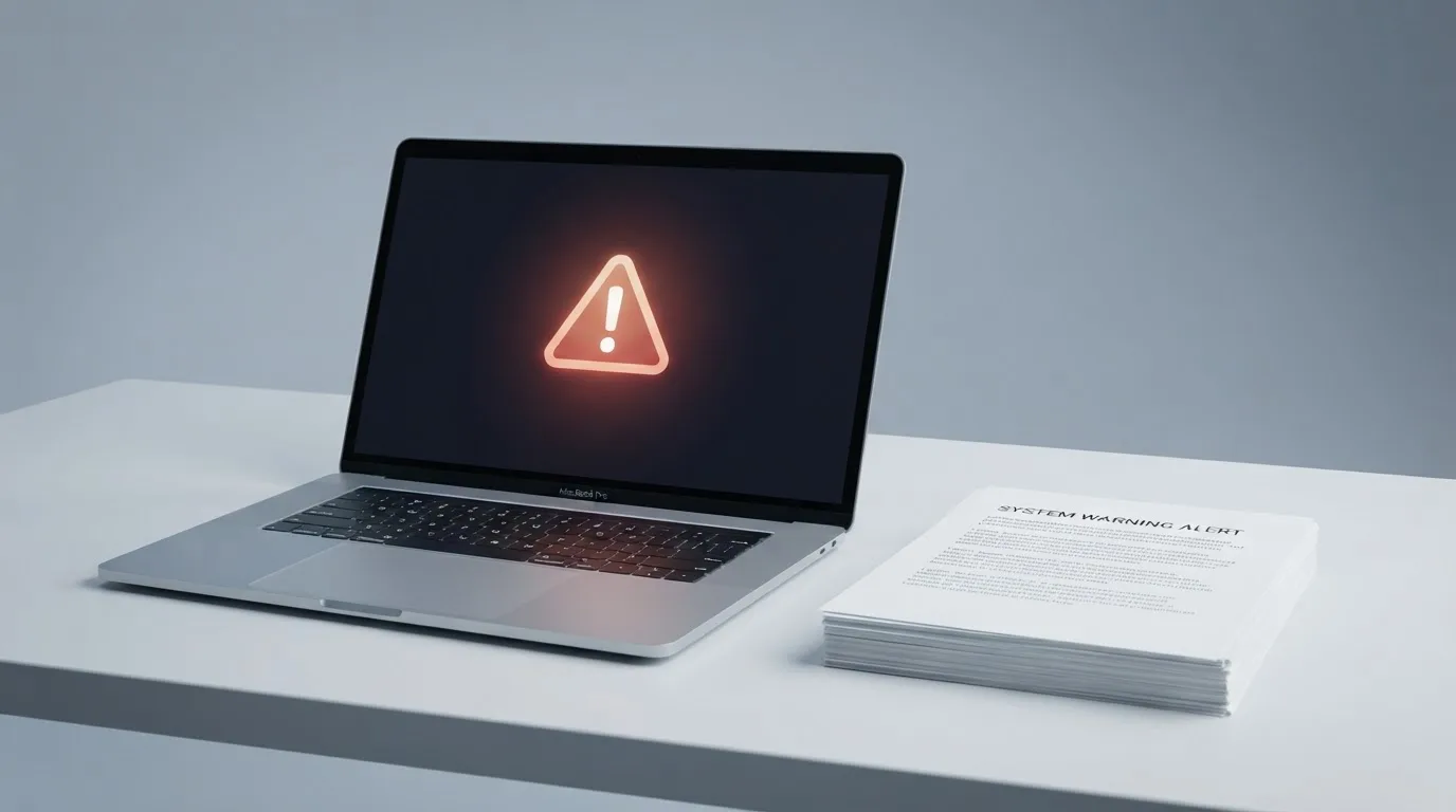 A red triangular warning sign icon on a laptop screen next to a stack of legal papers, symbolising an official caution rather than any specific website.