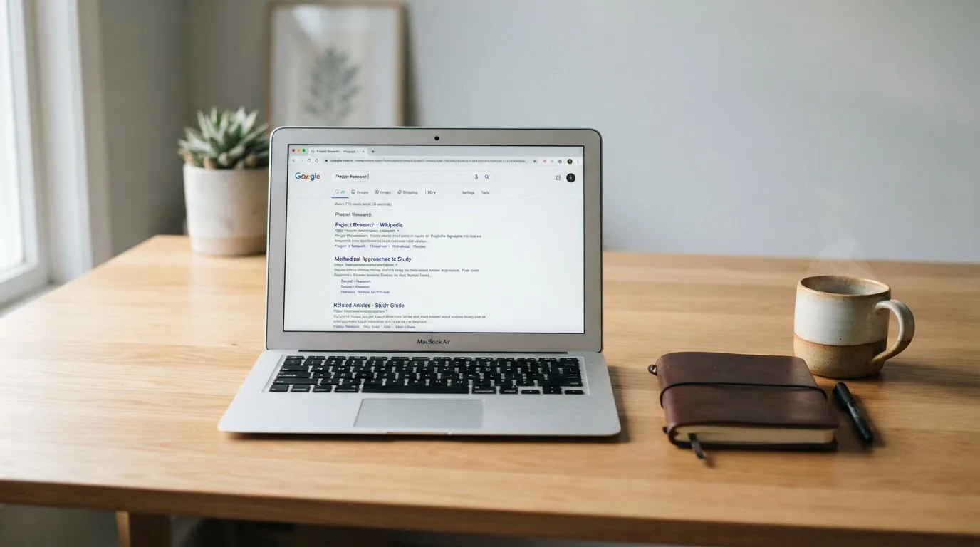 A tidy desk with a laptop open on a plain search-results page, a notebook and a coffee cup beside it, no screens showing any casino branding.