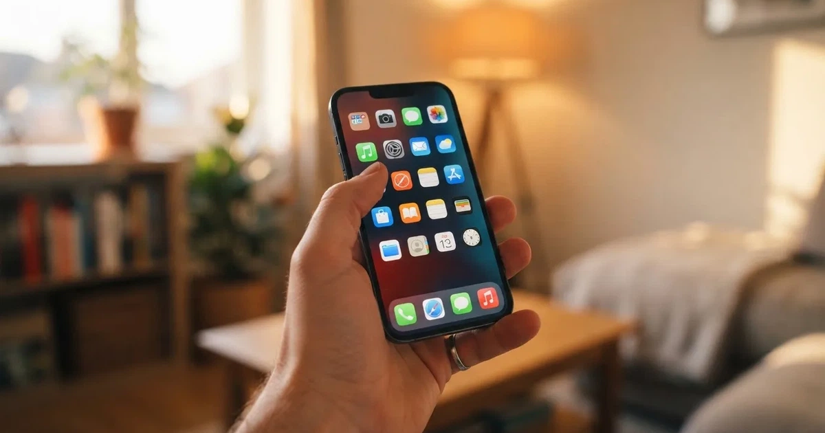 A hand tapping a smartphone screen showing generic app icons, none of them branded.