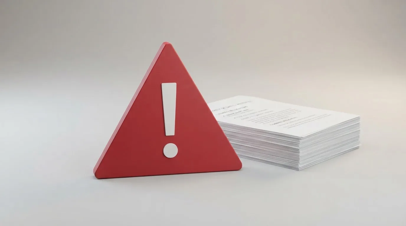 A red triangular warning sign icon on a laptop screen next to a stack of legal papers, symbolising an official caution rather than any specific website.