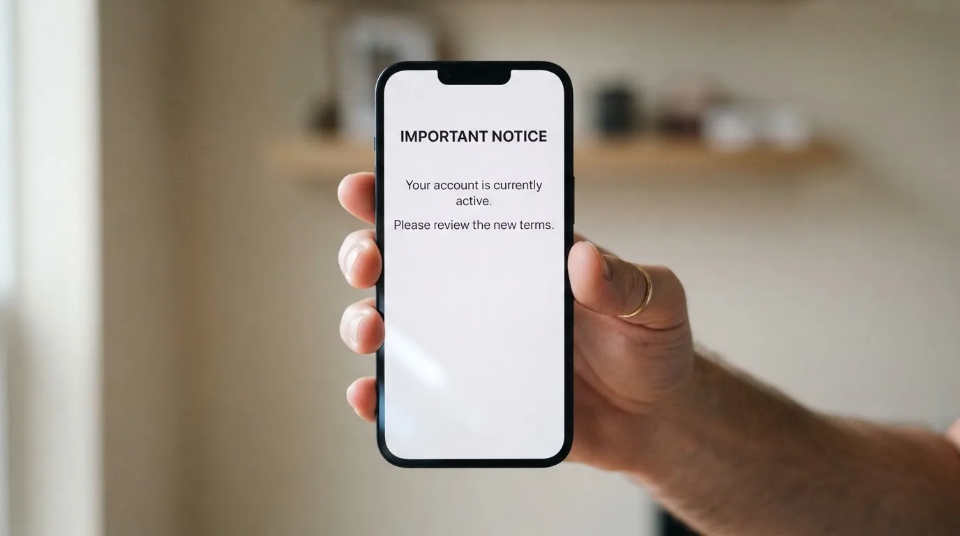 A smartphone screen showing a plain government warning notice about a blocked website, held against a blurred background.