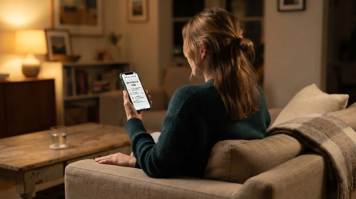 A person sitting calmly with a phone open to a support helpline page, no gaming screen visible.