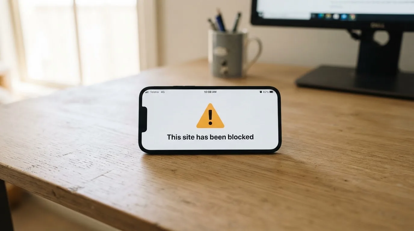 A smartphone screen showing a plain government warning notice about a blocked website, held against a blurred background.