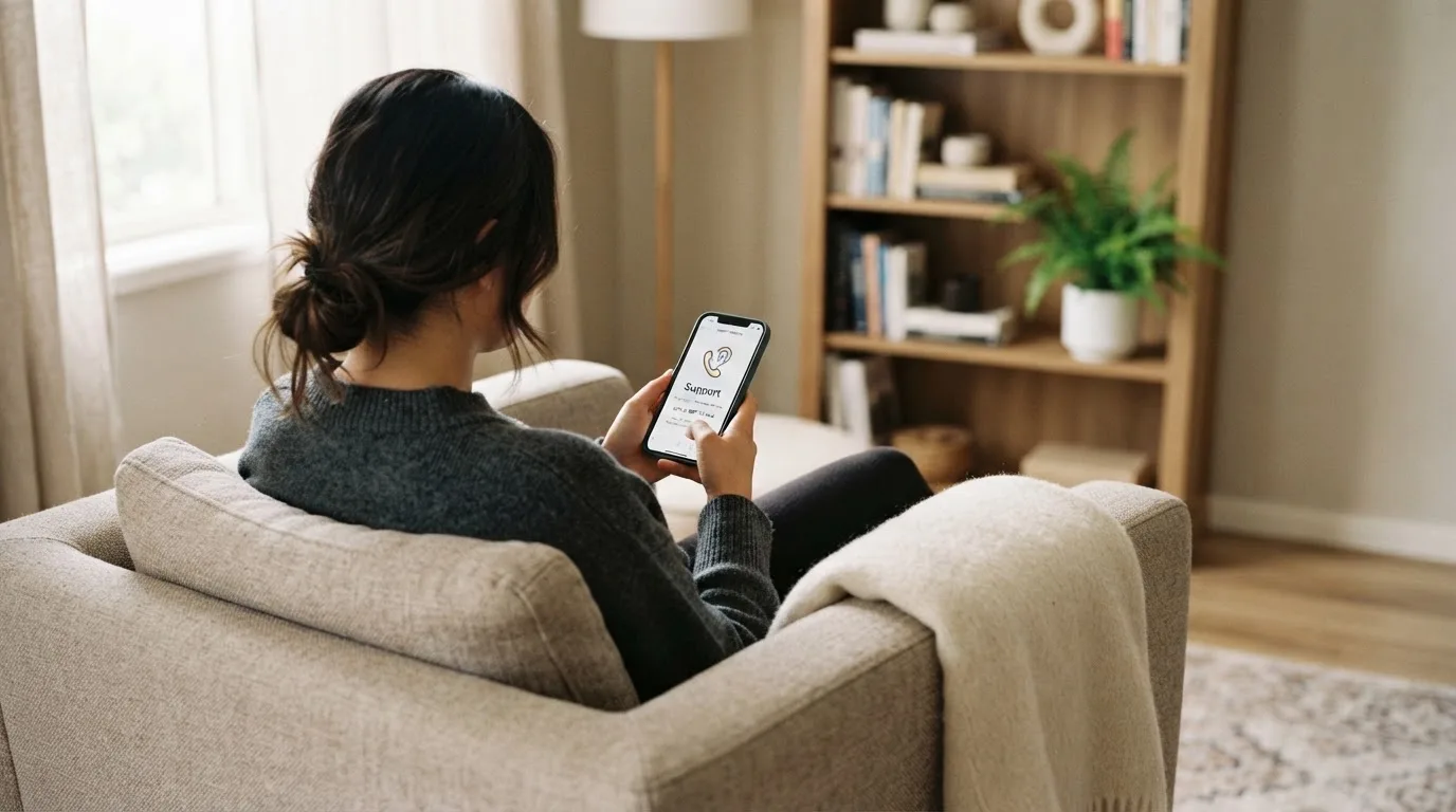 A person sitting calmly with a phone open to a support helpline page, no gaming screen visible.