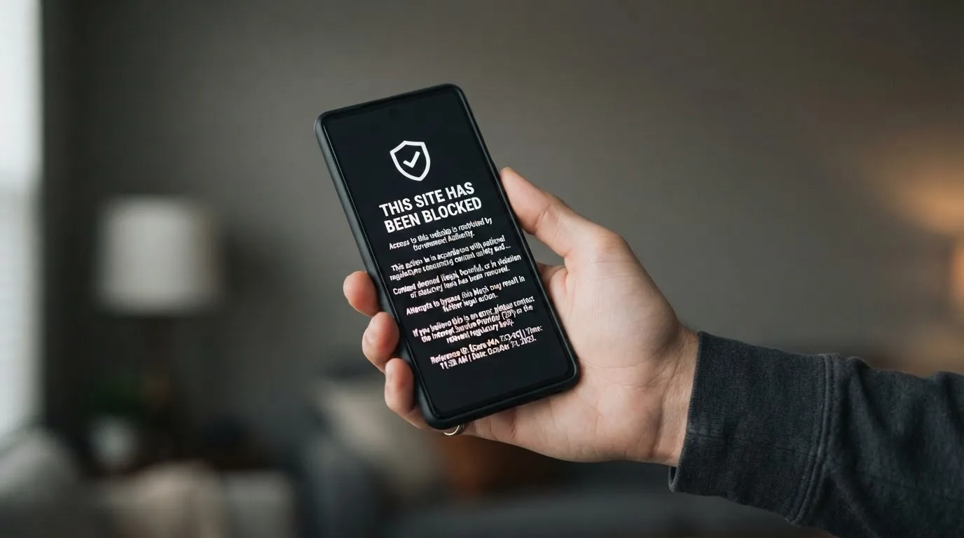 A smartphone screen showing a plain government warning notice about a blocked website, held against a blurred background.