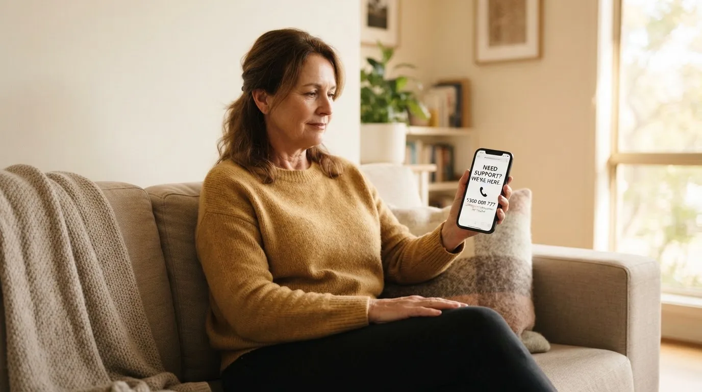 A person sitting calmly with a phone open to a support helpline page, no gaming screen visible.